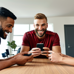A diverse group of recreational athletes communicating via WhatsApp on their phones, smiling and coordinating a game. Focus on teamwork and digital connection.