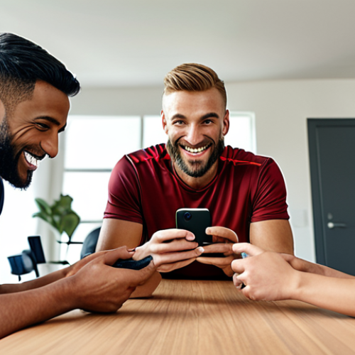Home 4 A diverse group of recreational athletes communicating via WhatsApp on their phones, smiling and coordinating a game. Focus on teamwork and digital connection.