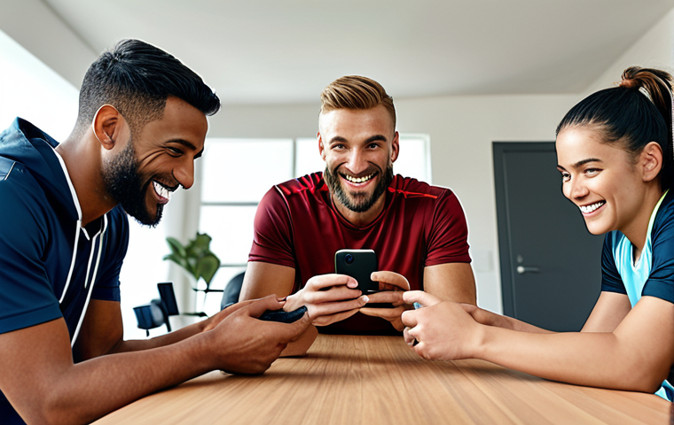 A diverse group of recreational athletes communicating via WhatsApp on their phones, smiling and coordinating a game. Focus on teamwork and digital connection.